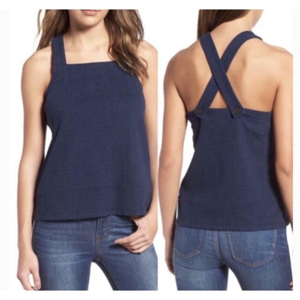 Madewell Blue Apron Cross Back Babydoll Tank Top Button Sleeveless Square Neck M